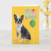 Boston Terrier Dog Party Hat Yellow Birthday カード (黄色い花)