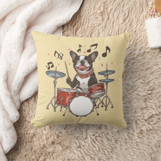 Boston Terrier Dog Playing Drums クッション (ブランケット)
