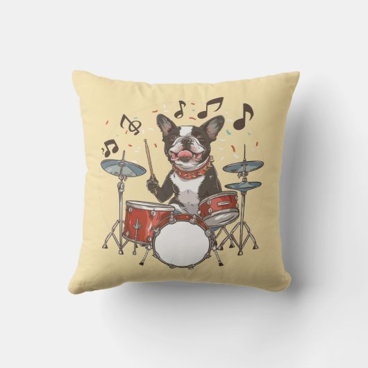 Boston Terrier Dog Playing Drums クッション (裏面)