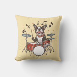 Boston Terrier Dog Playing Drums クッション