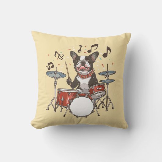 Boston Terrier Dog Playing Drums クッション (正面)