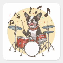 Boston Terrier Dog Playing Drums スクエアシール