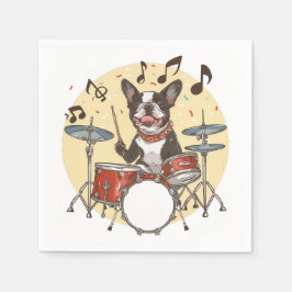 Boston Terrier Dog Playing Drums スタンダードカクテルナプキン