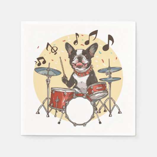 Boston Terrier Dog Playing Drums スタンダードカクテルナプキン (正面)