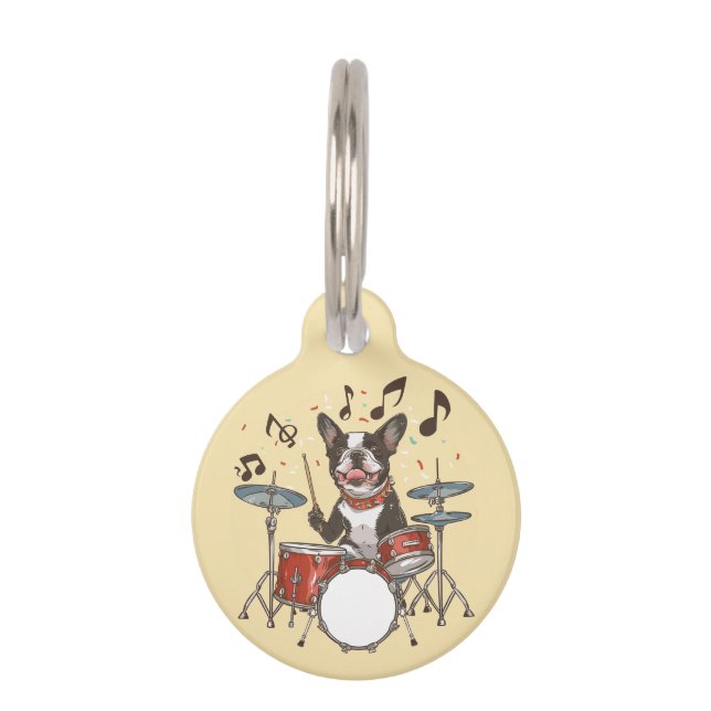 Boston Terrier Dog Playing Drums ペット　ネームタグ (正面)