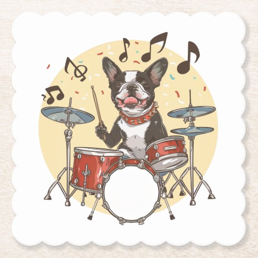 Boston Terrier Dog Playing Drums ペーパーコースター (正面)
