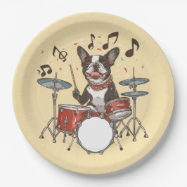 Boston Terrier Dog Playing Drums ペーパープレート