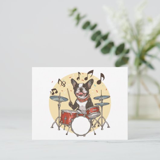Boston Terrier Dog Playing Drums ポストカード (スタンド正面)