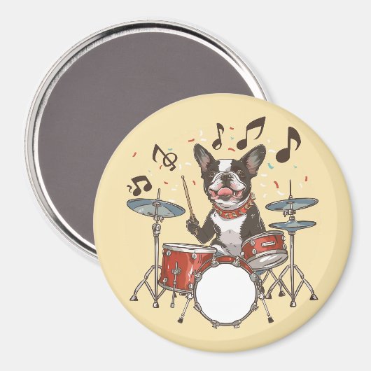 Boston Terrier Dog Playing Drums マグネット (正面/裏面)