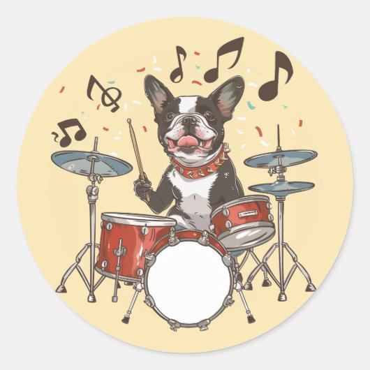 Boston Terrier Dog Playing Drums ラウンドシール (正面)