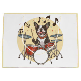 Boston Terrier Dog Playing Drums ラージペーパーバッグ