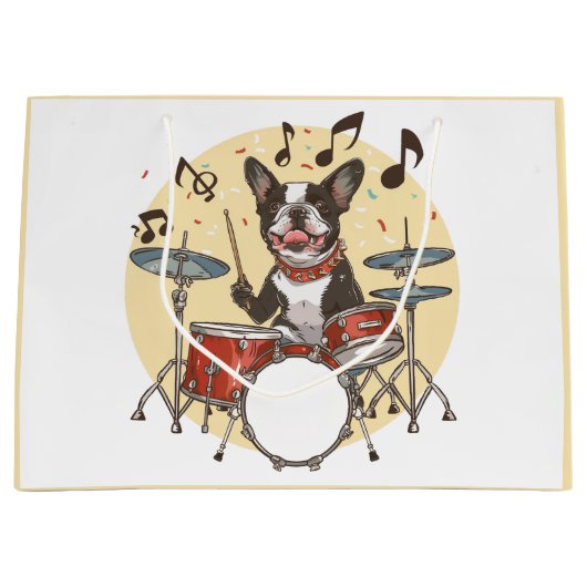 Boston Terrier Dog Playing Drums ラージペーパーバッグ (正面)