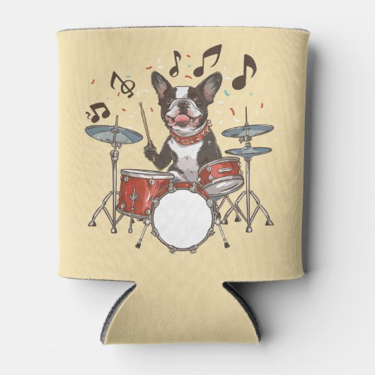 Boston Terrier Dog Playing Drums 缶クーラー (正面)