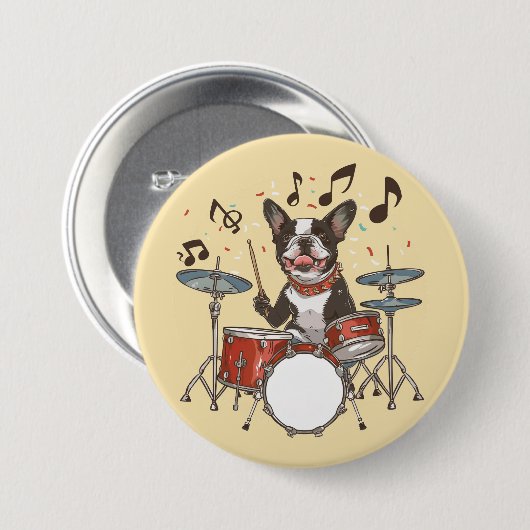 Boston Terrier Dog Playing Drums 缶バッジ (正面&裏面)