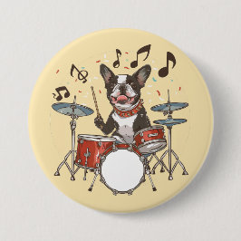 Boston Terrier Dog Playing Drums 缶バッジ