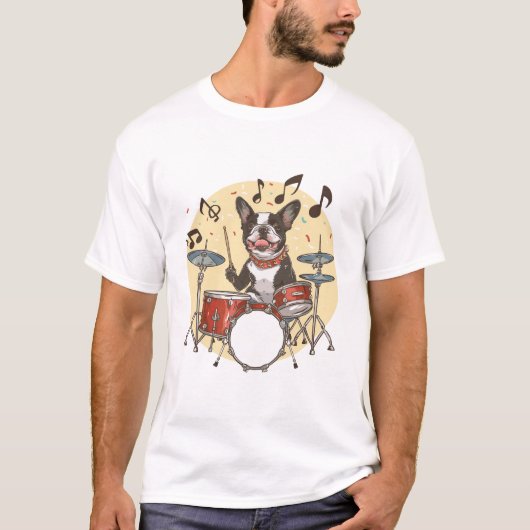 Boston Terrier Dog Playing Drums Tシャツ (正面)