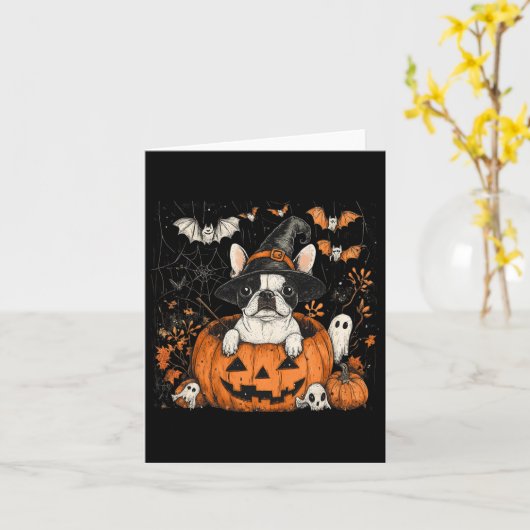 Boston Terrier Dog Pumpkin Halloween Thanksgiving  カード (黄色い花)