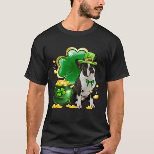 Boston Terrier Dog Shamrock Irish Saint St Patrick Tシャツ (正面)