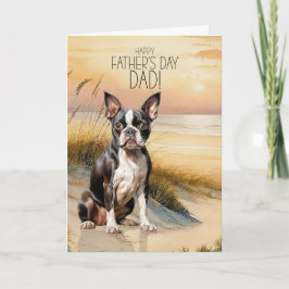 Boston Terrier Dog Sunset Beach Father's Day シーズンカード