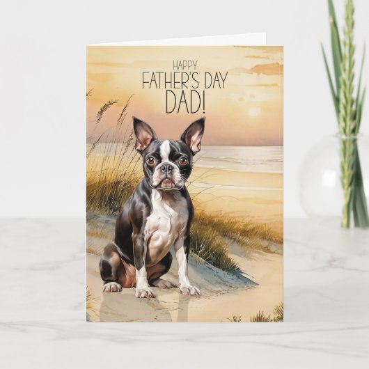 Boston Terrier Dog Sunset Beach Father's Day シーズンカード (正面)