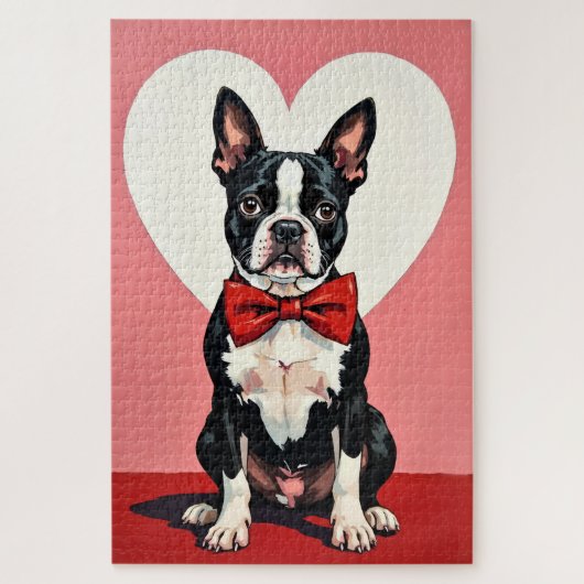 Boston Terrier Dog Valentine's Day Crimson Bow ジグソーパズル (縦)