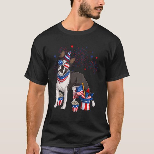 Boston Terrier Dog Wearing 4th of July Sunglasses  Tシャツ (正面)