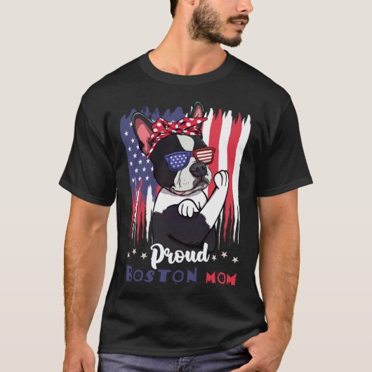 Boston Terrier Dog With Sunglasses American Flag Tシャツ (正面)