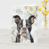 Boston Terrier Dog with White Roses Birthday カード (黄色い花)