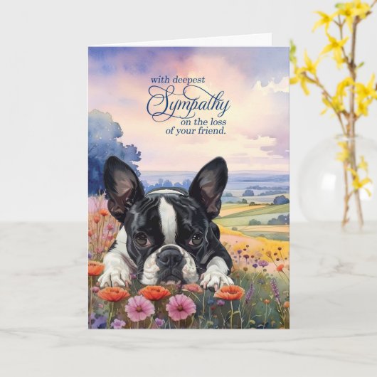 Boston Terrier Dog with Wildflowers Pet Sympathy カード (黄色い花)