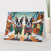 Boston Terrier Dogs Christmas Snow Holiday カード (正面)