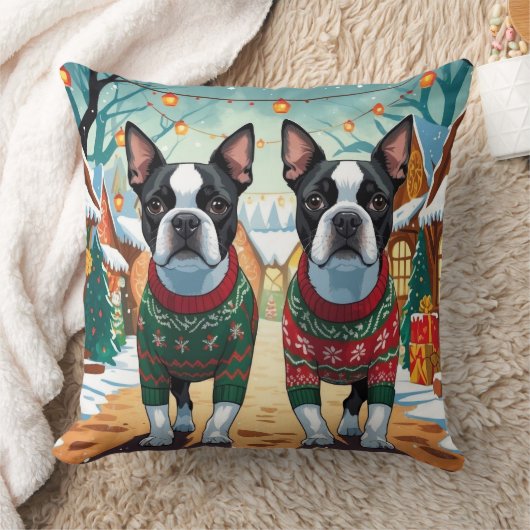Boston Terrier Dogs Christmas Snow Holiday クッション (ブランケット)