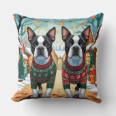 Boston Terrier Dogs Christmas Snow Holiday クッション (正面)