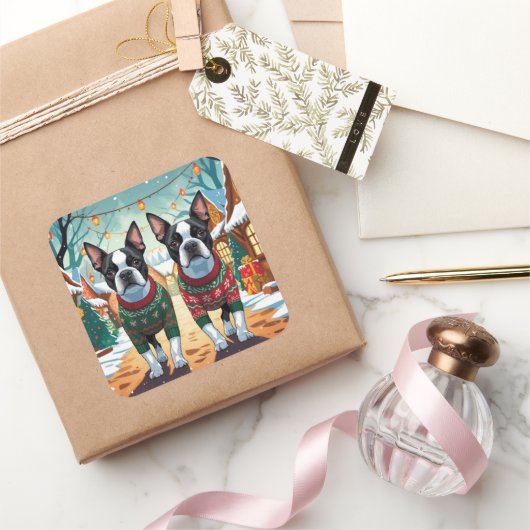 Boston Terrier Dogs Christmas Snow Holiday スクエアシール (ギフト)