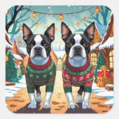 Boston Terrier Dogs Christmas Snow Holiday スクエアシール (正面)