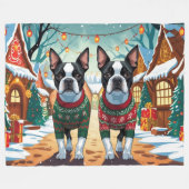 Boston Terrier Dogs Christmas Snow Holiday フリースブランケット (正面(横))