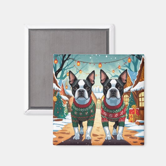 Boston Terrier Dogs Christmas Snow Holiday マグネット (正面/裏面)
