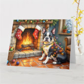 Boston Terrier Fireplace with Christmas Lights カード (黄色い花)