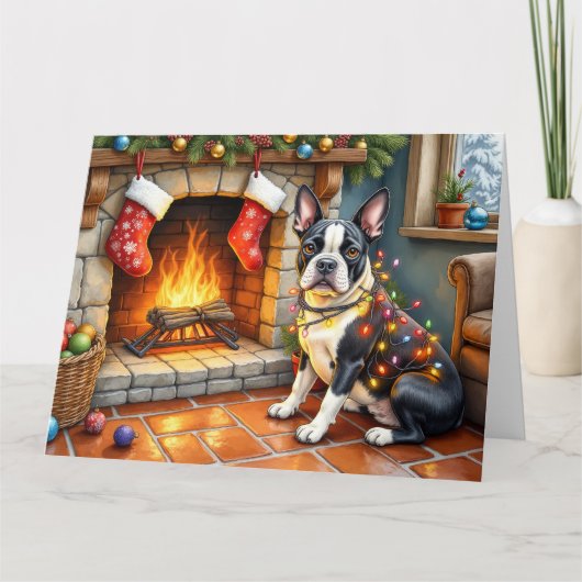 Boston Terrier Fireplace with Christmas Lights カード (正面)