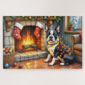 Boston Terrier Fireplace with Christmas Lights ジグソーパズル (横)