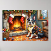 Boston Terrier Fireplace with Christmas Lights ポスター (正面)