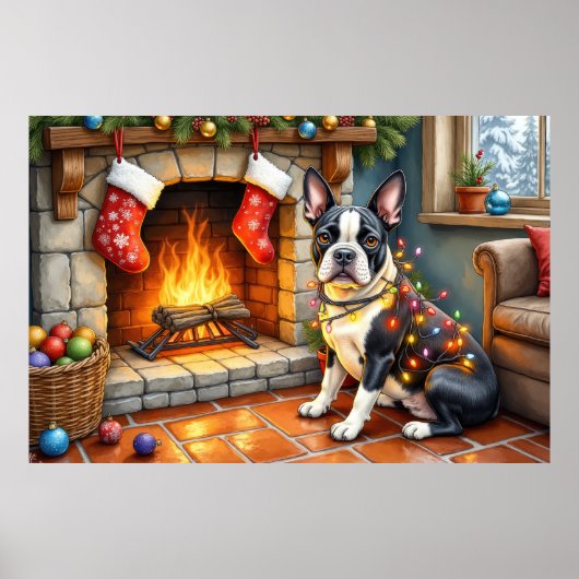 Boston Terrier Fireplace with Christmas Lights ポスター (正面)