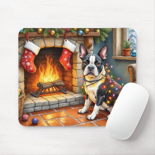Boston Terrier Fireplace with Christmas Lights マウスパッド (マウス)
