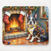 Boston Terrier Fireplace with Christmas Lights マウスパッド (正面)