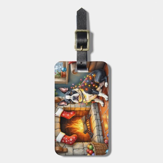 Boston Terrier Fireplace with Christmas Lights ラゲッジタグ (正面縦)