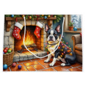 Boston Terrier Fireplace with Christmas Lights ラージペーパーバッグ (正面)