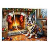 Boston Terrier Fireplace with Christmas Lights ラージペーパーバッグ (裏面)