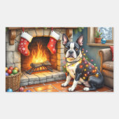 Boston Terrier Fireplace with Christmas Lights 長方形シール (正面)
