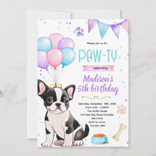 Boston Terrier girl theme invitation 招待状 (正面)