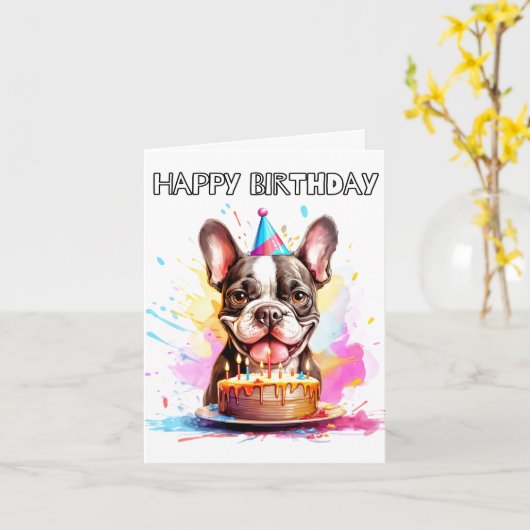 Boston Terrier Happy Birthday カード (黄色い花)