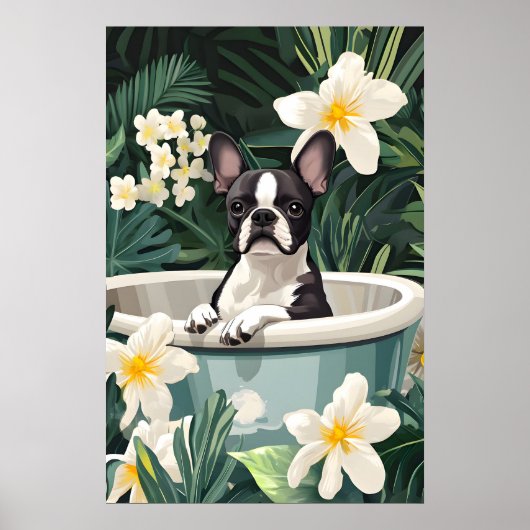 Boston Terrier In Bathtub Poster, Funny Dog ポスター (正面)